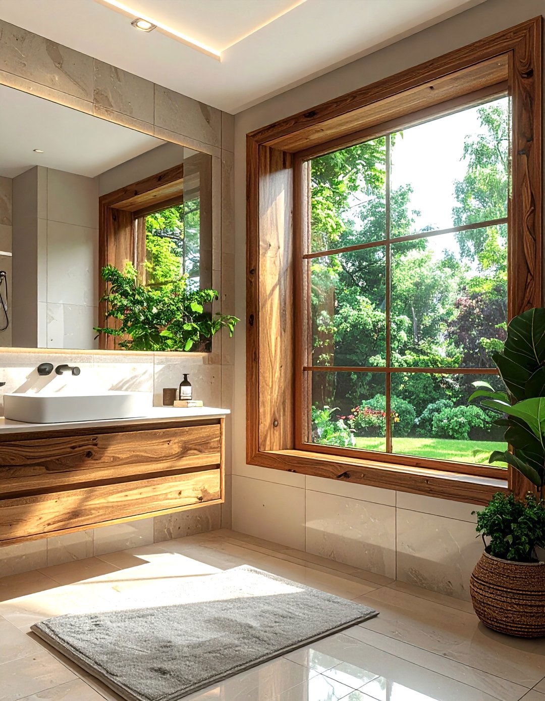 Wood window frame - 30 wood accent bathroom ideas
