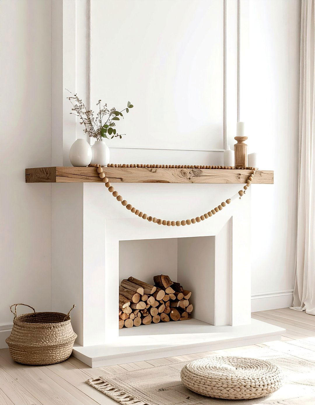 Wooden Bead Garland - 30 minimalist mantel ideas