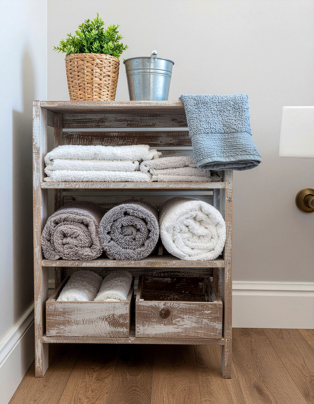 Wooden Crate Storage - 30 rolled towel display ideas