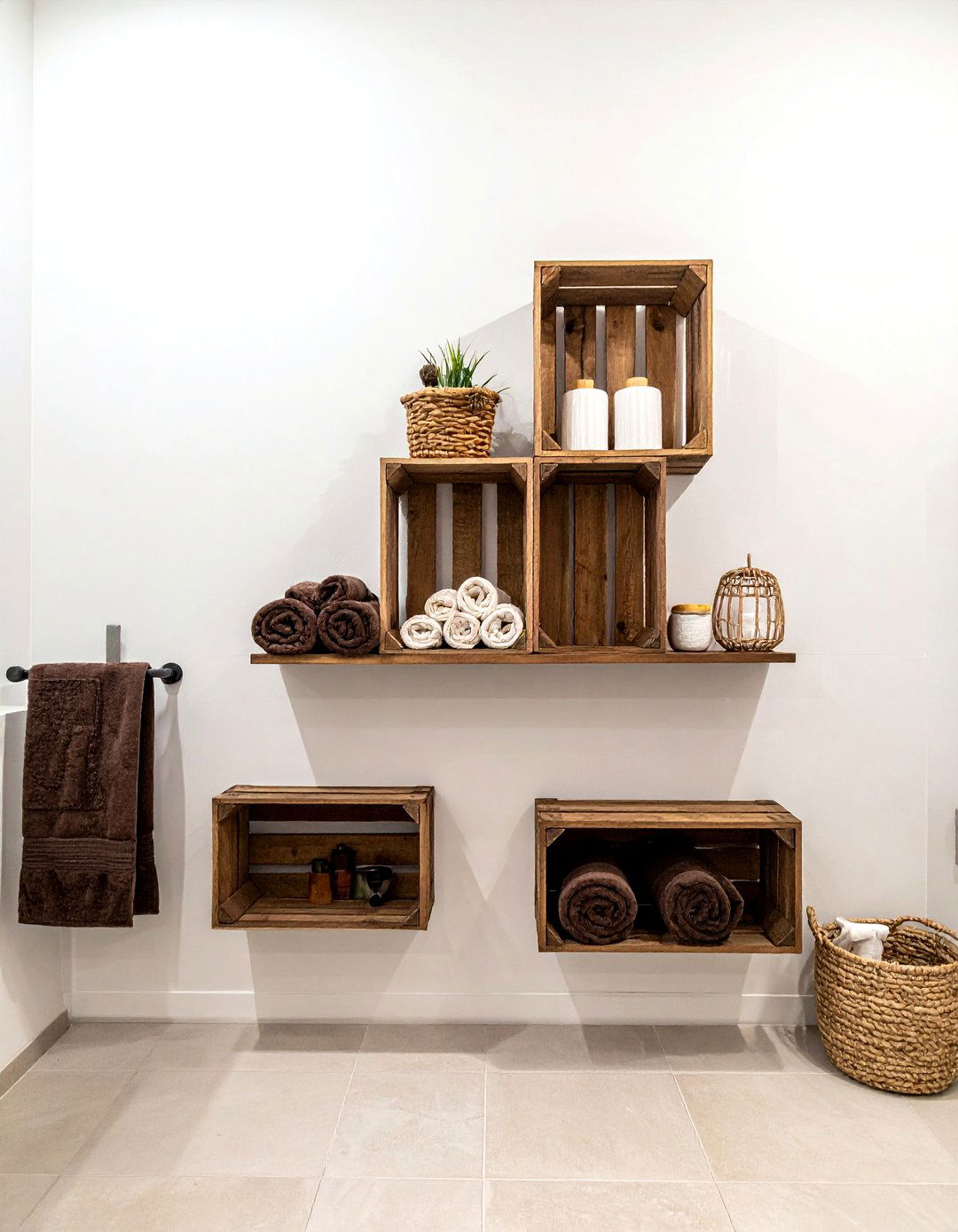 Wooden Crate Wall - 30 bathroom unconventional storage ideas
