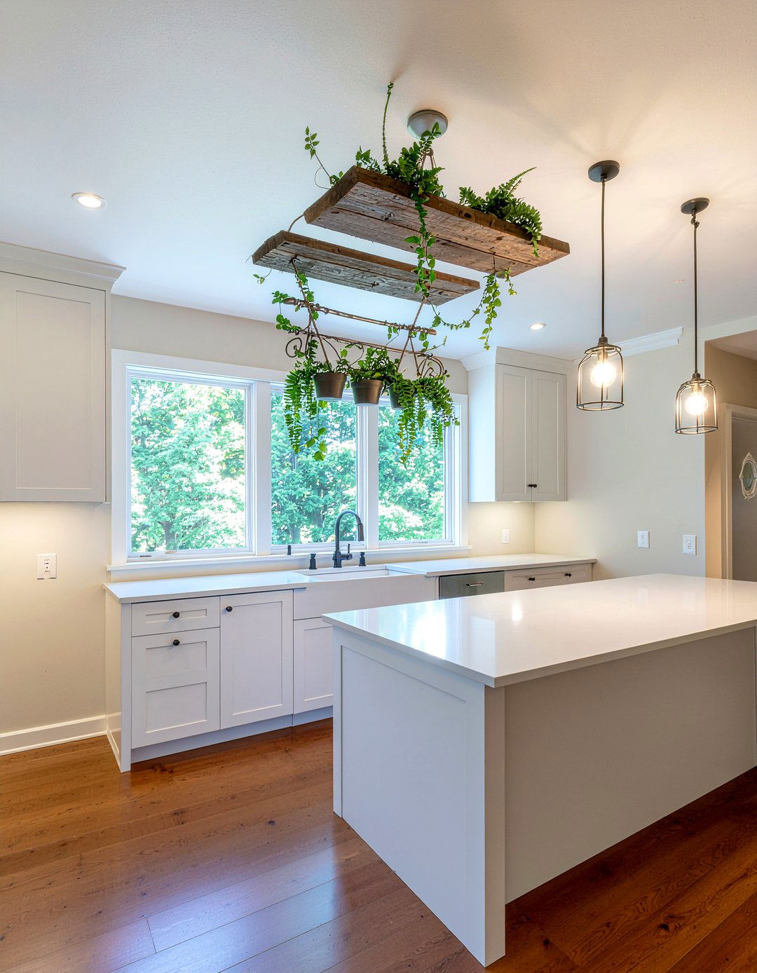 Wooden Ladder Plant Display Over Island - 30 hanging plant kitchen ideas