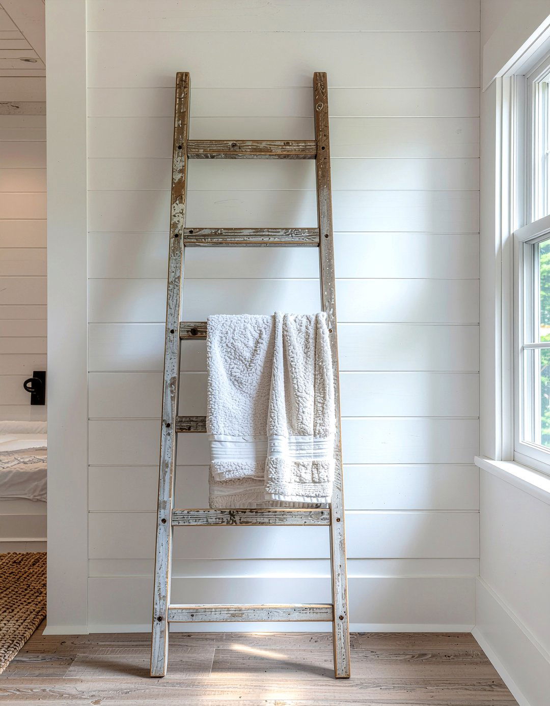 Wooden Ladder Towel Rack - 30 recycled material bathroom ideas