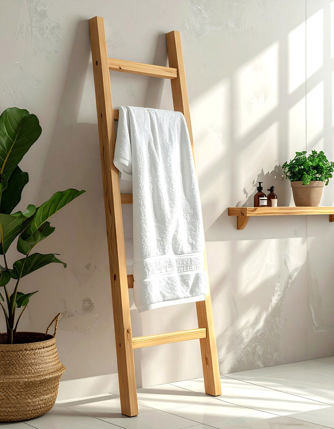Wooden Ladder Towel Rack - 30 simple decor ideas