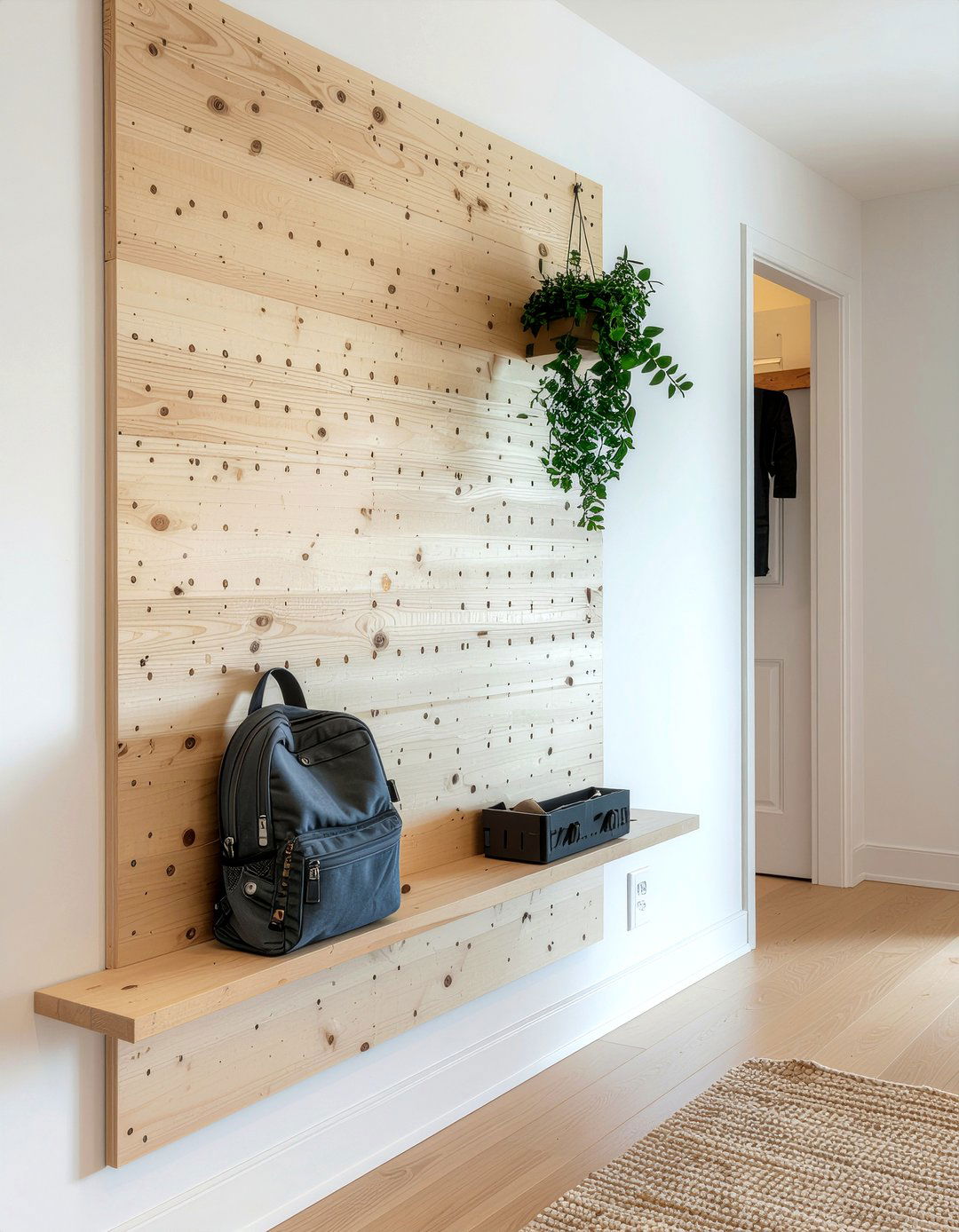 Wooden Pegboard Wall - 30 entryway organization ideas