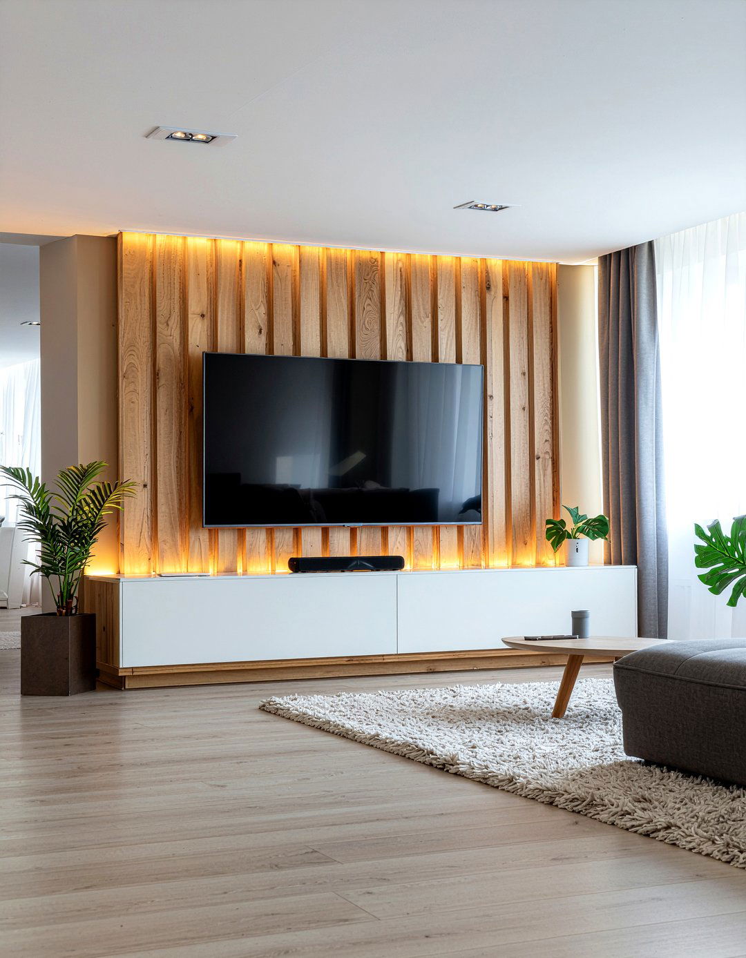 Wooden Slat Media Wall - 30 living room media wall ideas