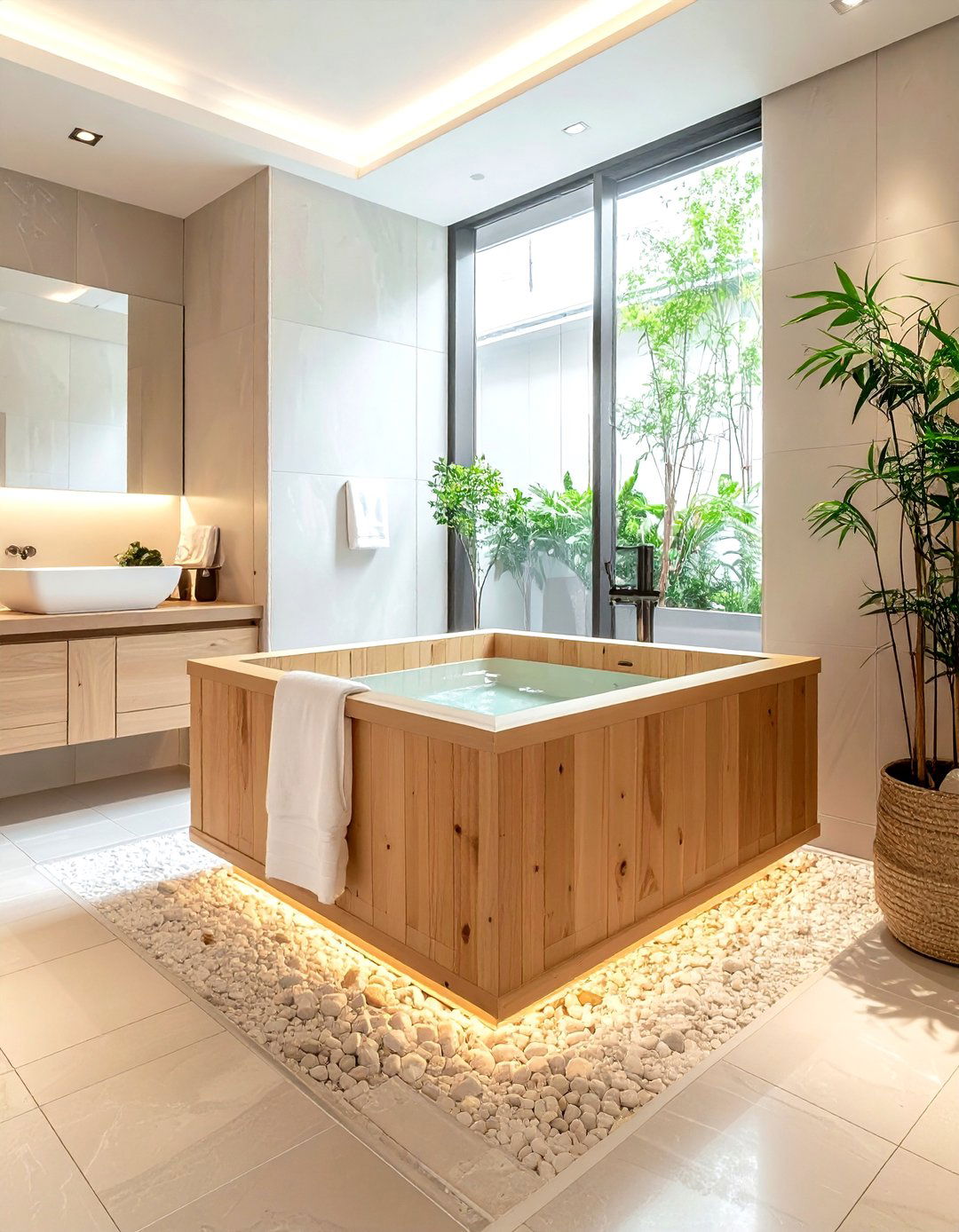 Wooden Soaking Tub - 30 Japanese minimalist decor ideas