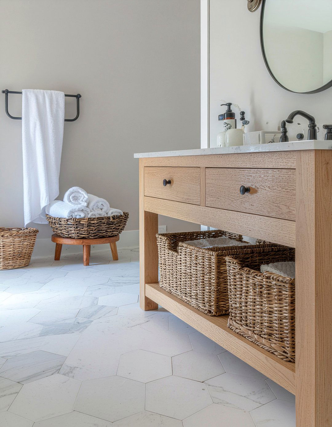 Wooden Vanity With Marble Hexagon Floor - 30 marble hexagon tile bathroom ideas