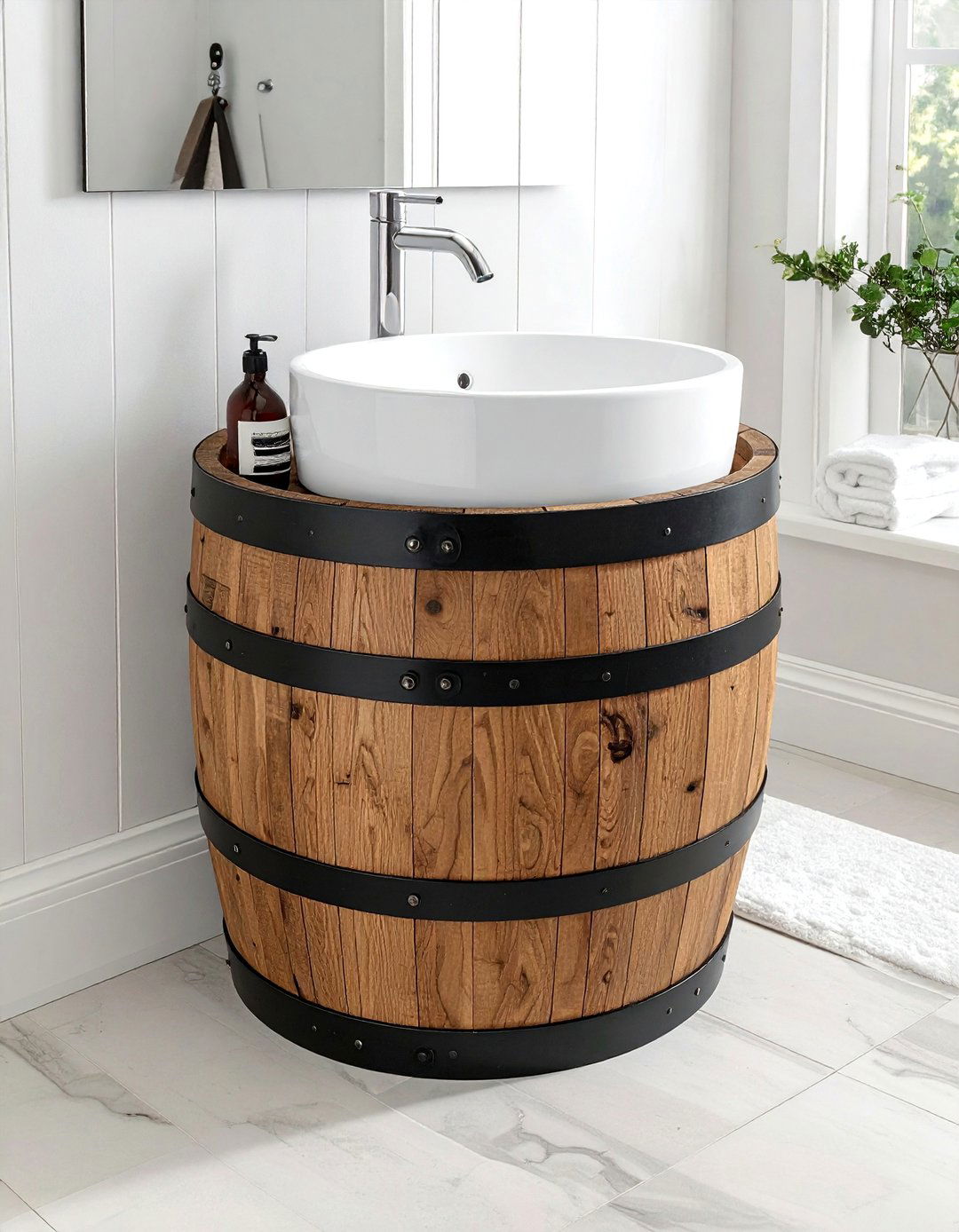 Wooden barrel bathroom vanity - 30 repurposed decor ideas