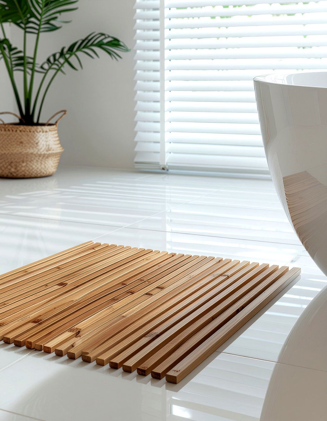 Wooden bath mat - 30 bathroom glow-up ideas