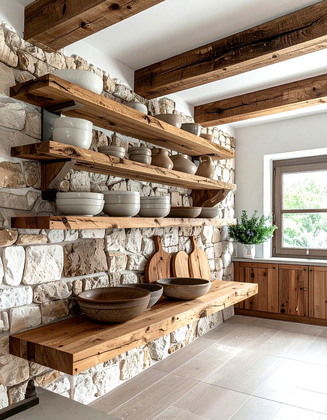 Wooden beam dining room shelving - 30 dining room overhead storage ideas