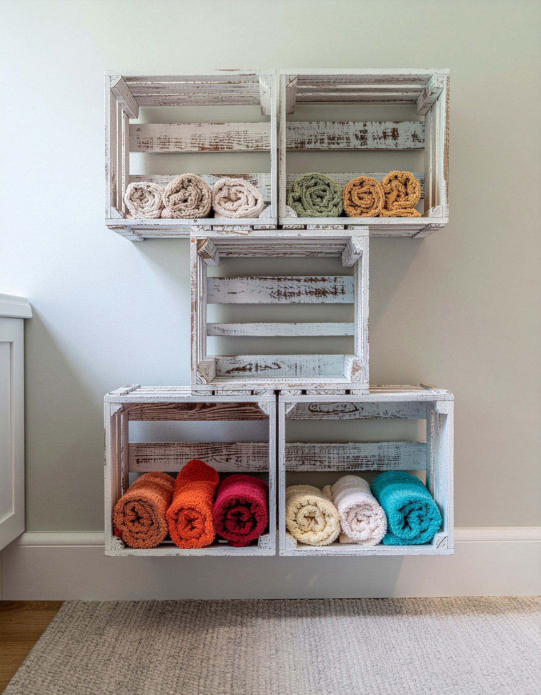 Wooden crate storage - 30 bathroom towel ideas