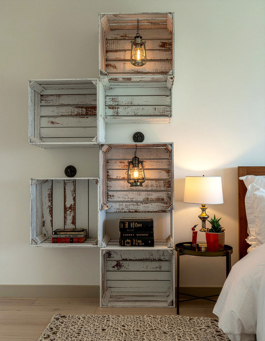 Wooden crate wall shelves - 30 bedroom shelving ideas