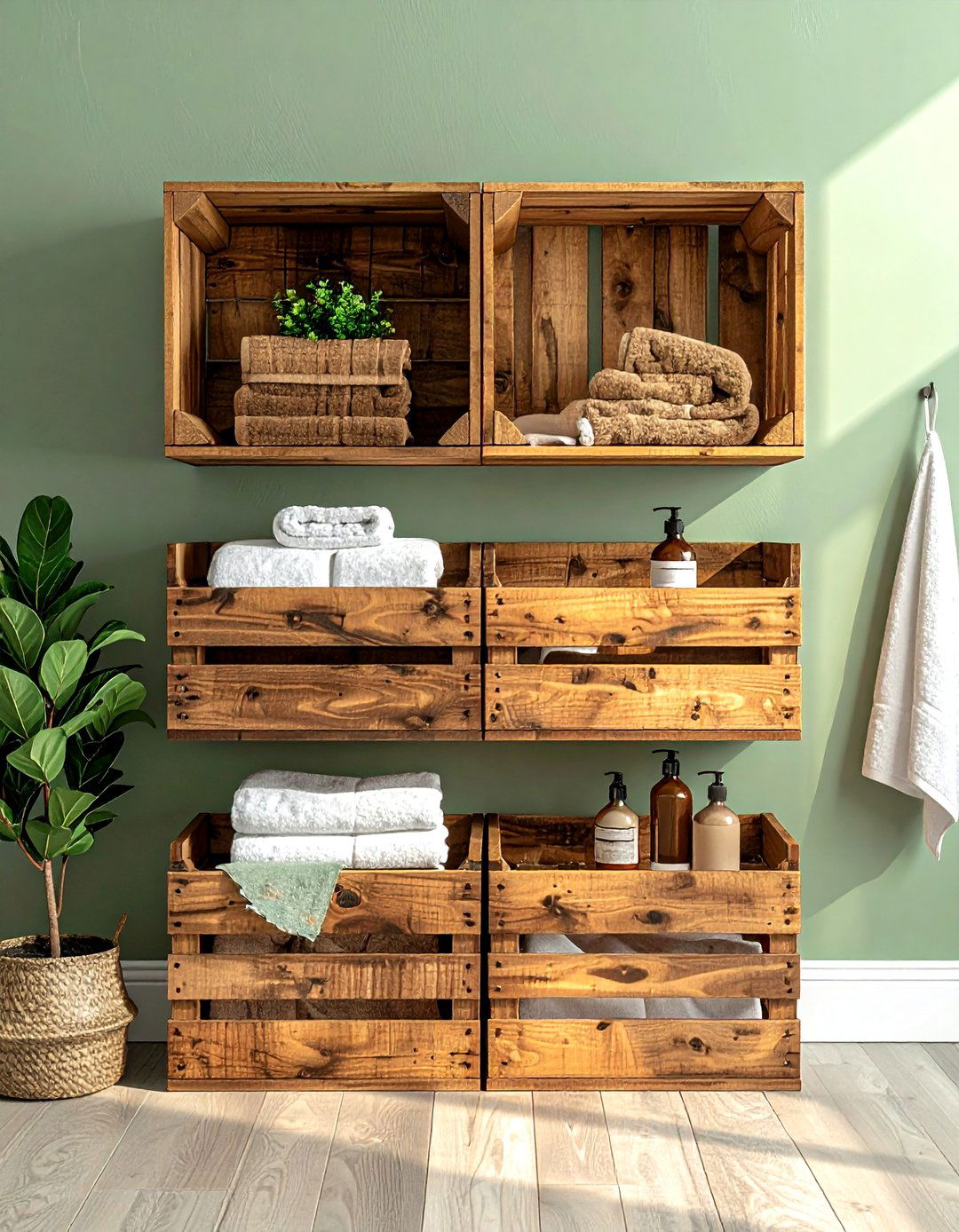 Wooden crate wall shelves - 30 bathroom organization hacks