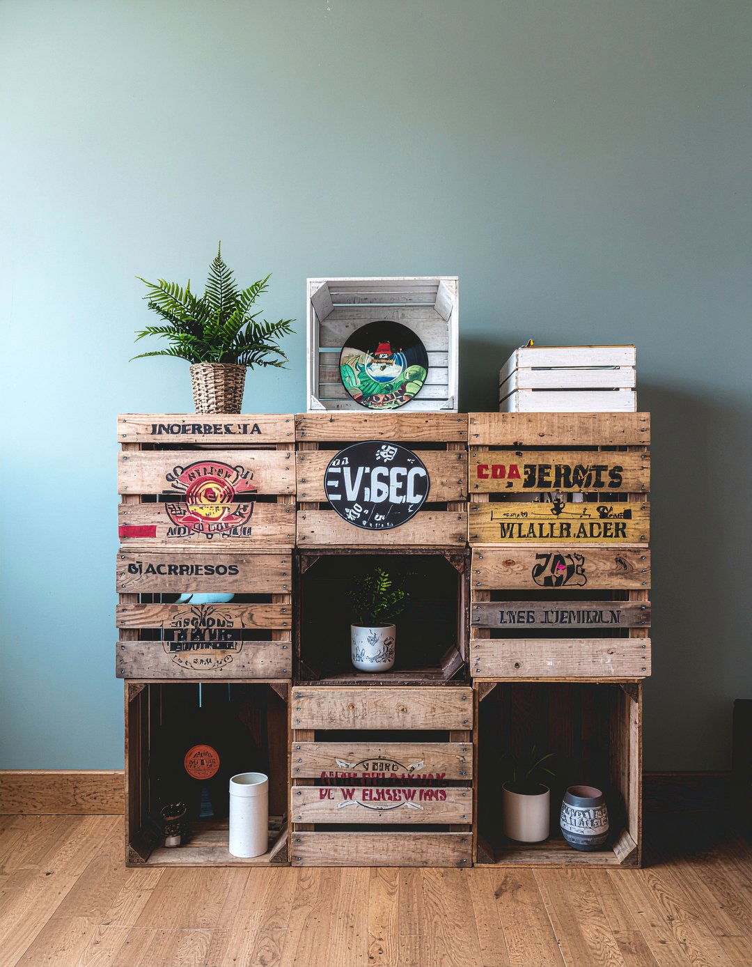 Wooden crate wall unit - 30 living room salvaged furniture ideas