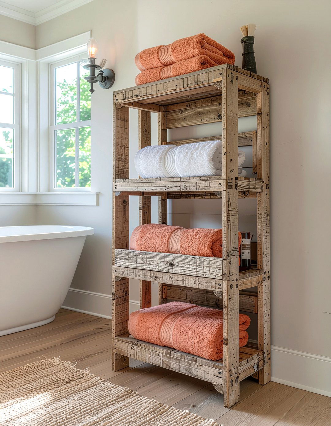 Wooden crate - 30 bathroom towel display ideas