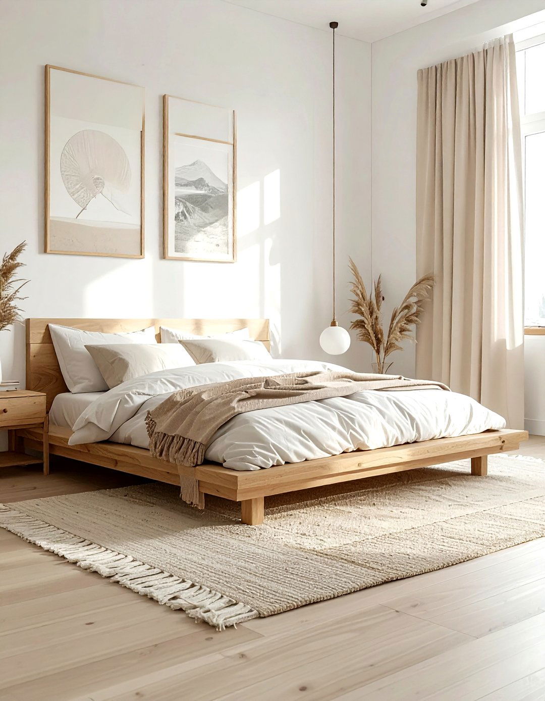 Wooden platform bed - 30 bohemian cream bedroom ideas