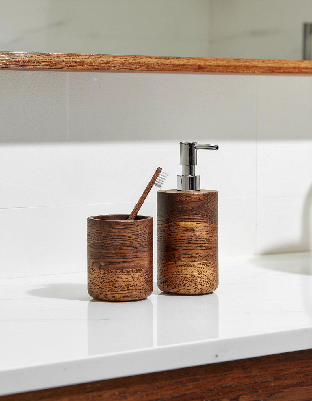 Wooden soap dispenser set - 30 bathroom countertop styling ideas