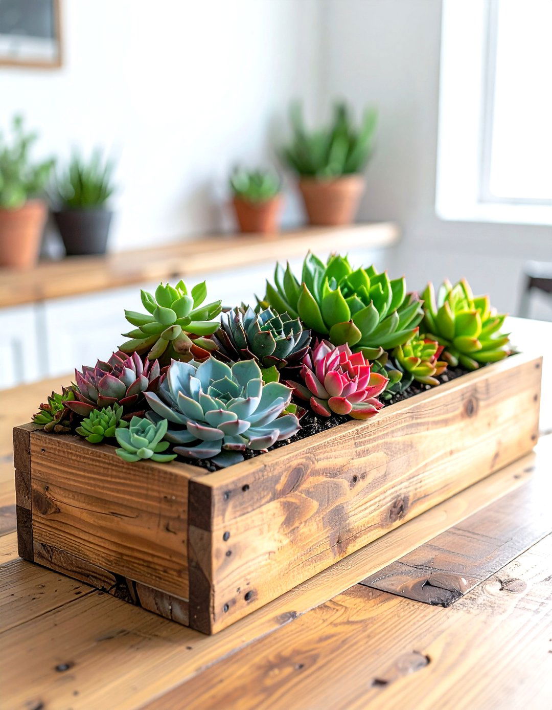 Wooden succulent trough - 30 dining room succulent ideas