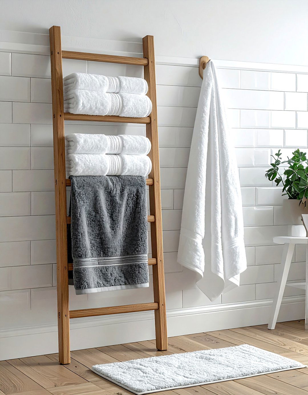 Wooden towel ladder - 30 Nordic bathroom ideas