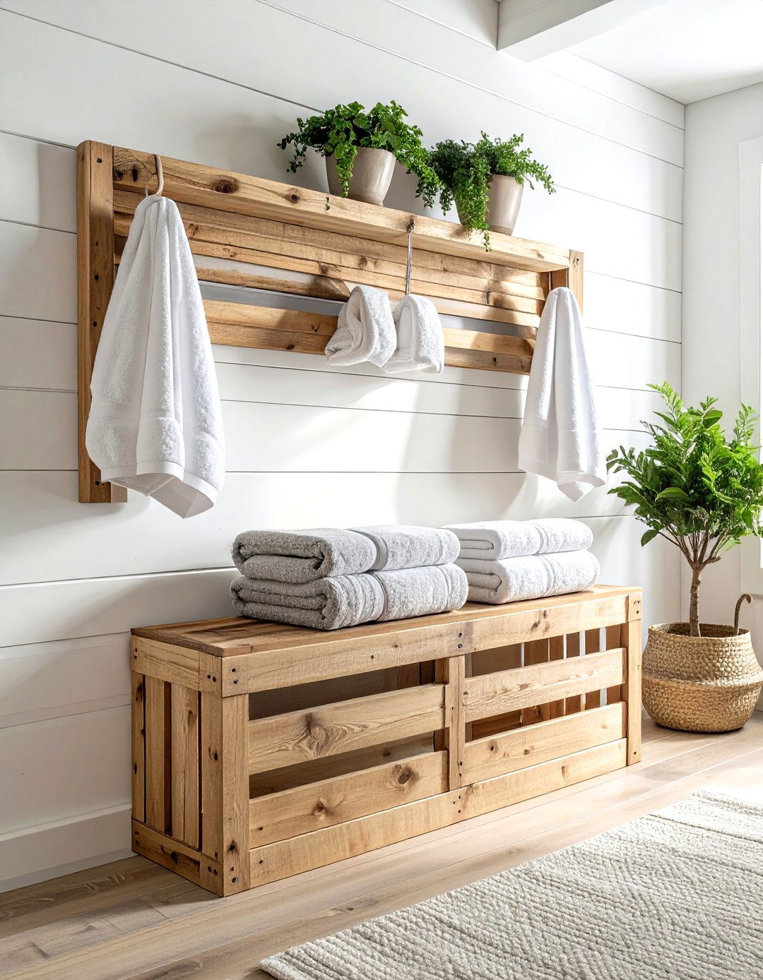 Wooden wall crate - 30 bathroom overhead storage ideas
