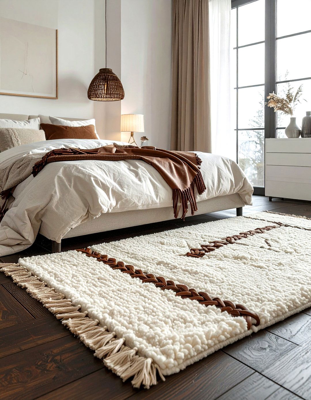 Wool and leather rug - 30 mixed material bedroom ideas