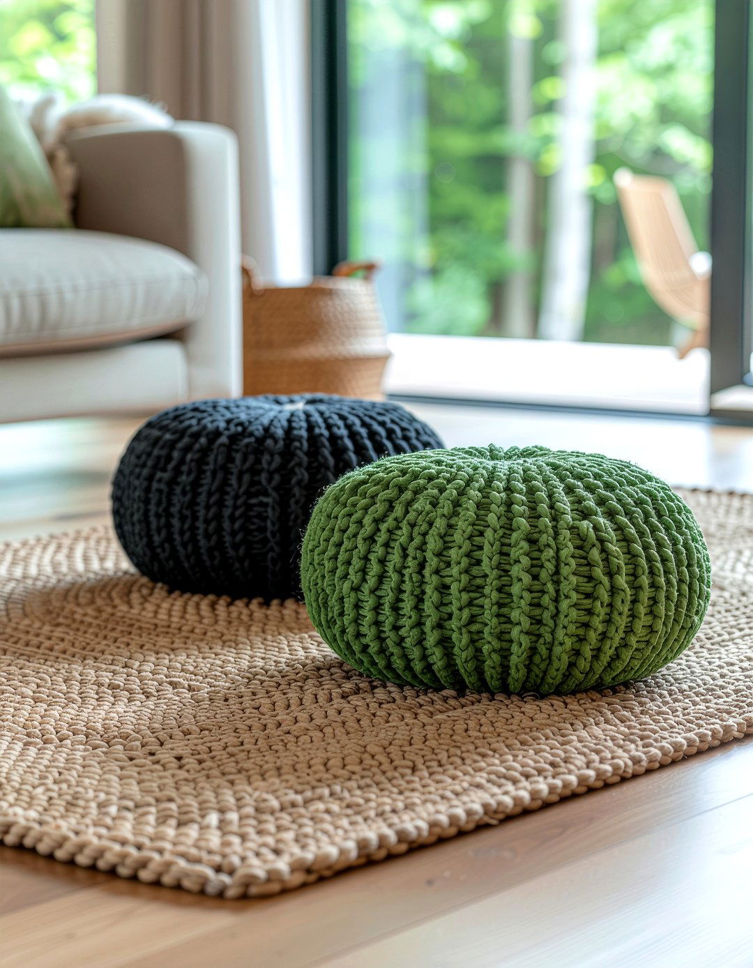 Wool knit pouf seating - 30 woodland living room ideas