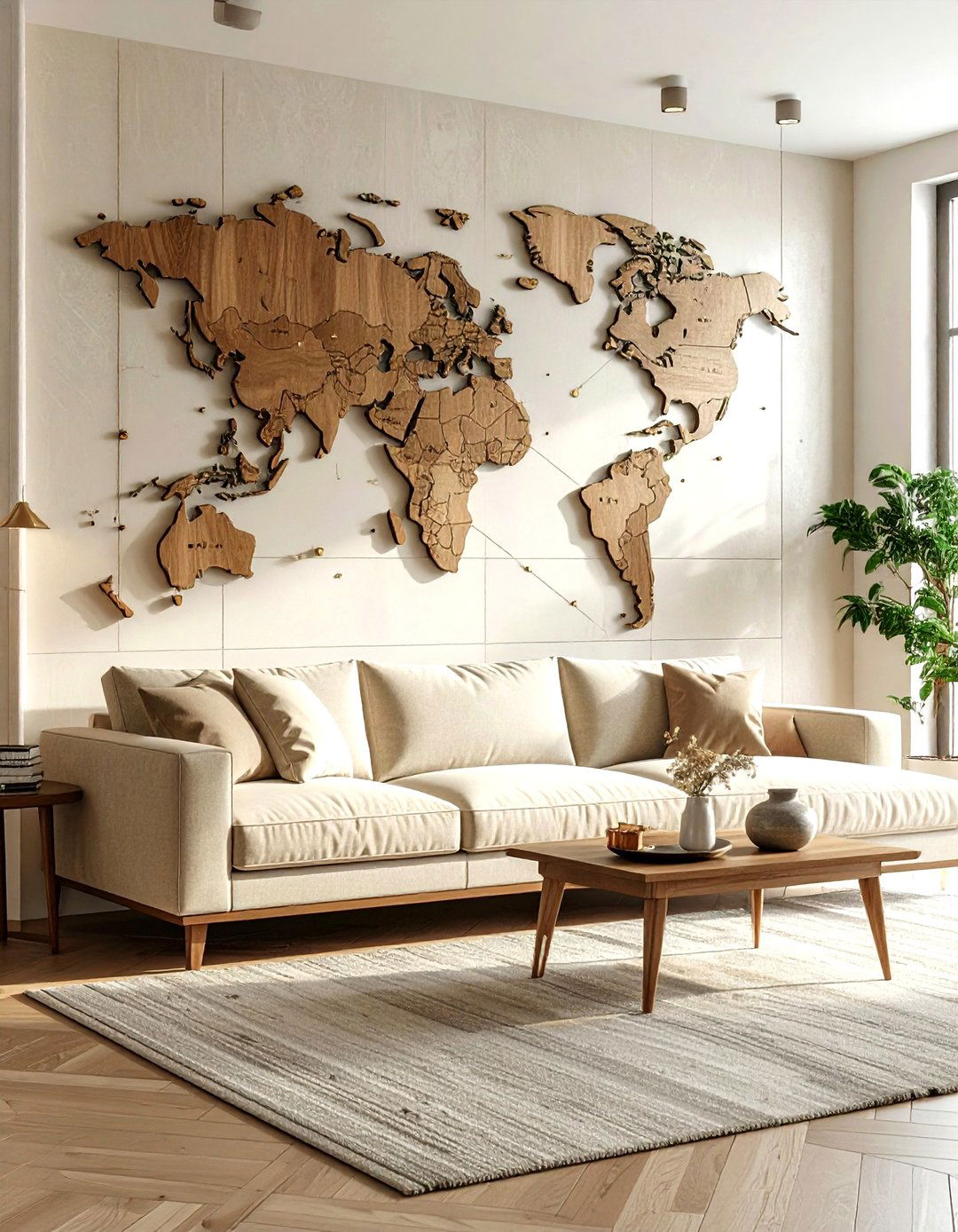 World Map Wall - 30 travel themed living room ideas