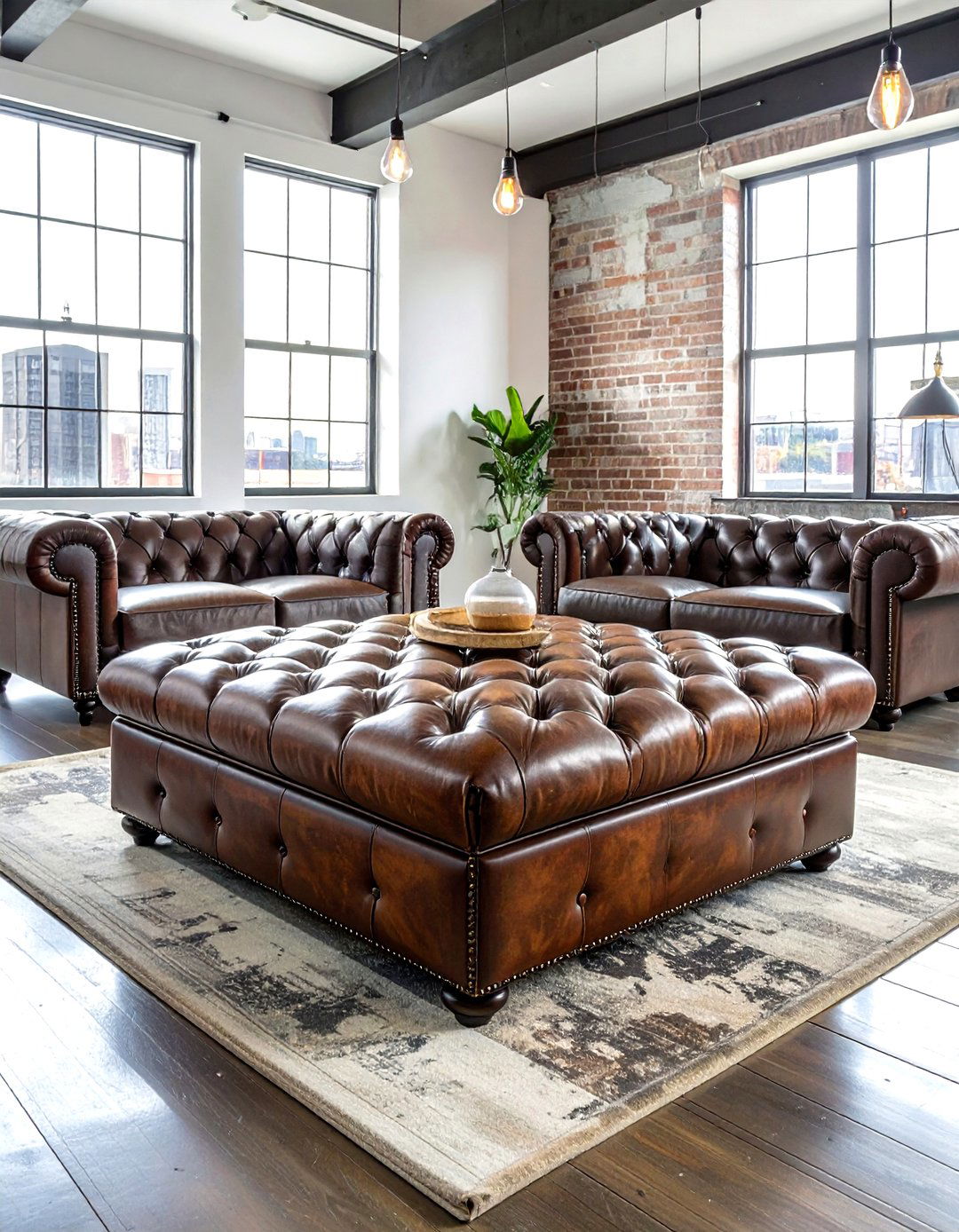 Worn leather ottoman - 30 living room industrial furniture ideas