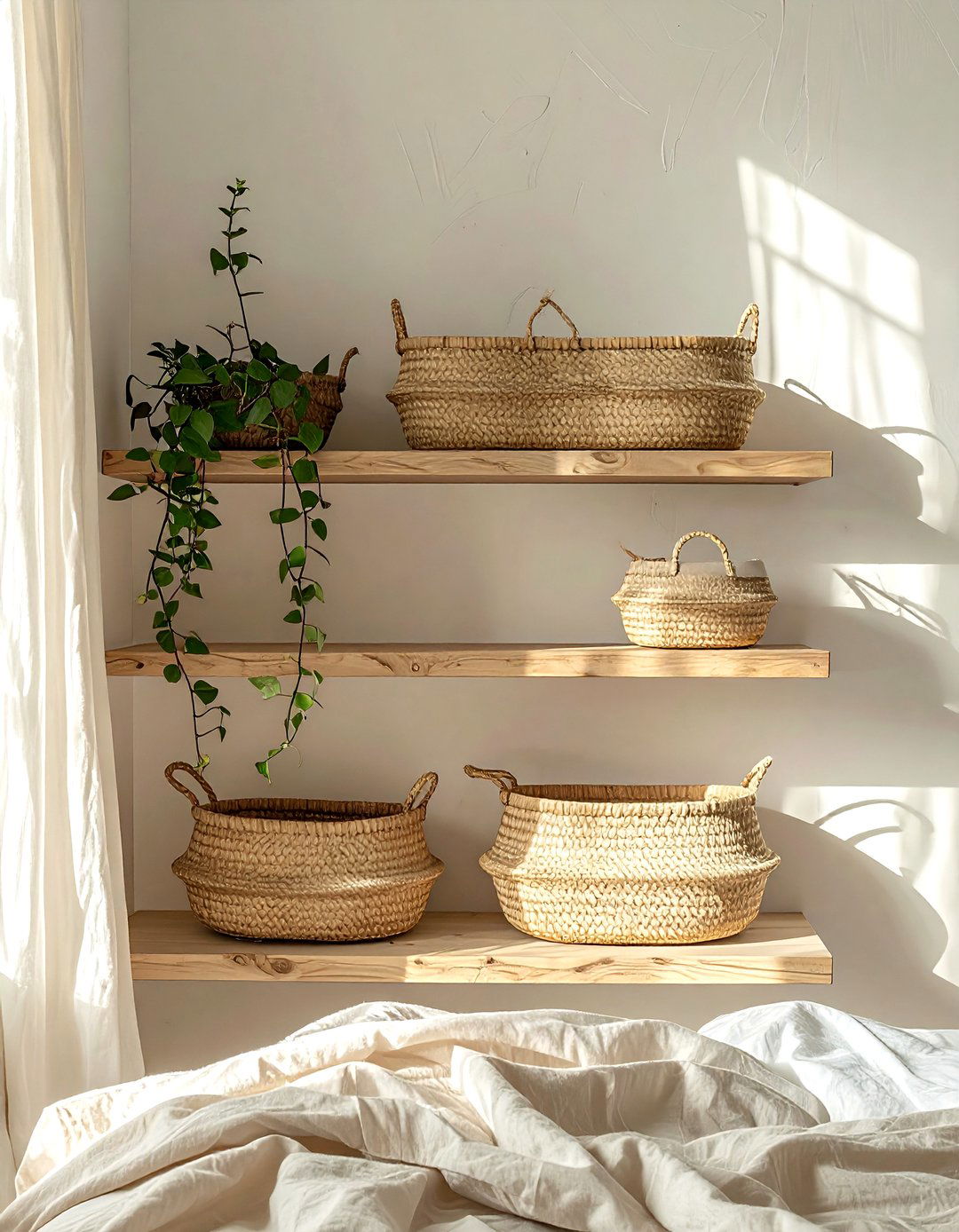 Woven Basket Shelf - 30 bedroom overhead storage ideas