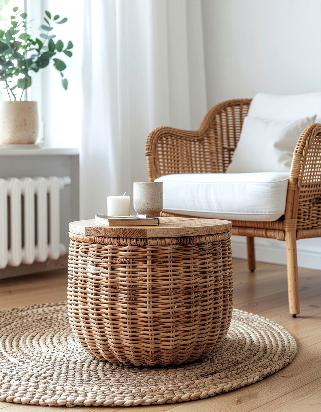 Woven Basket Side Table - 30 living room cottage furniture ideas