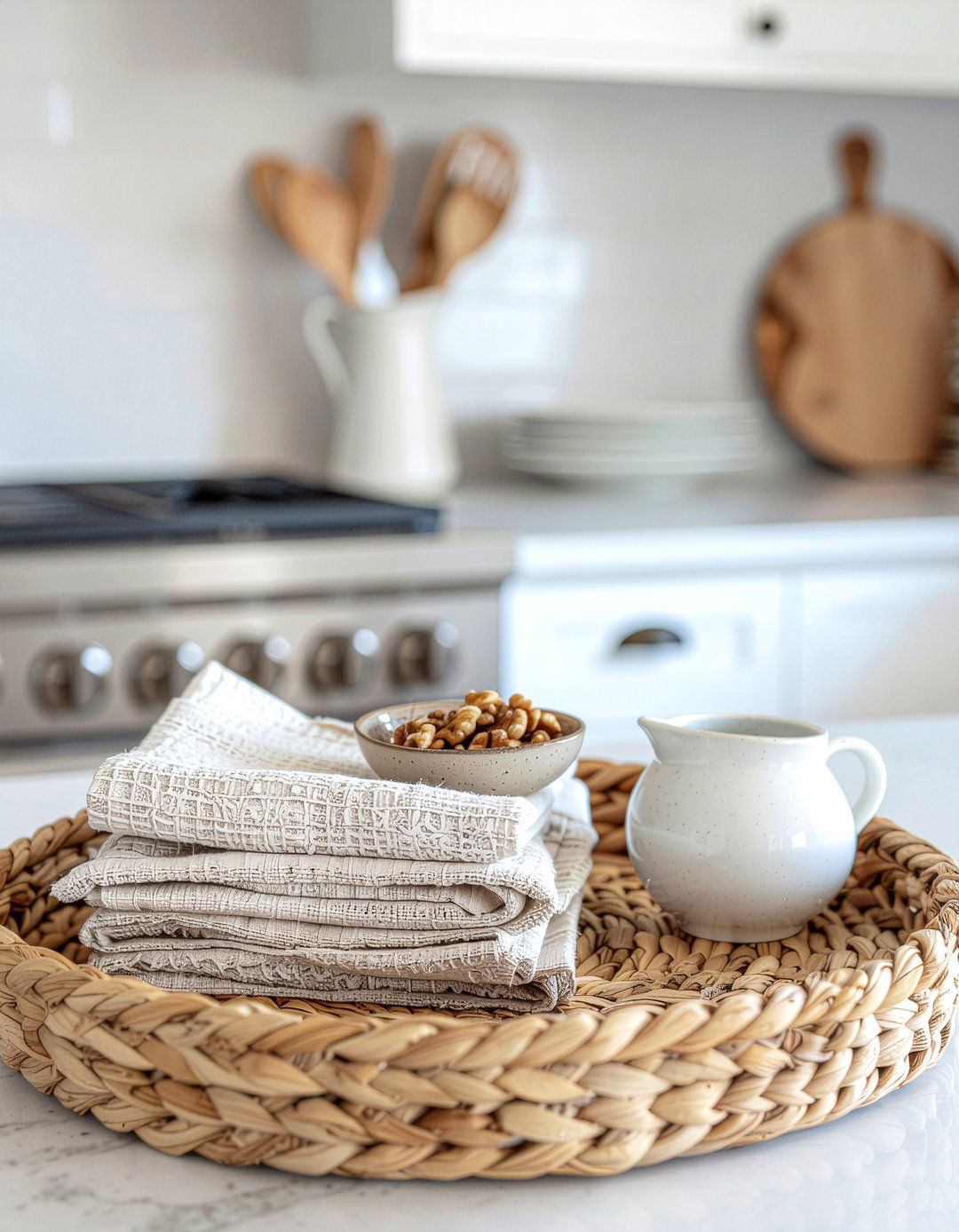 Woven Basket Tray - 30 kitchen tray styling ideas