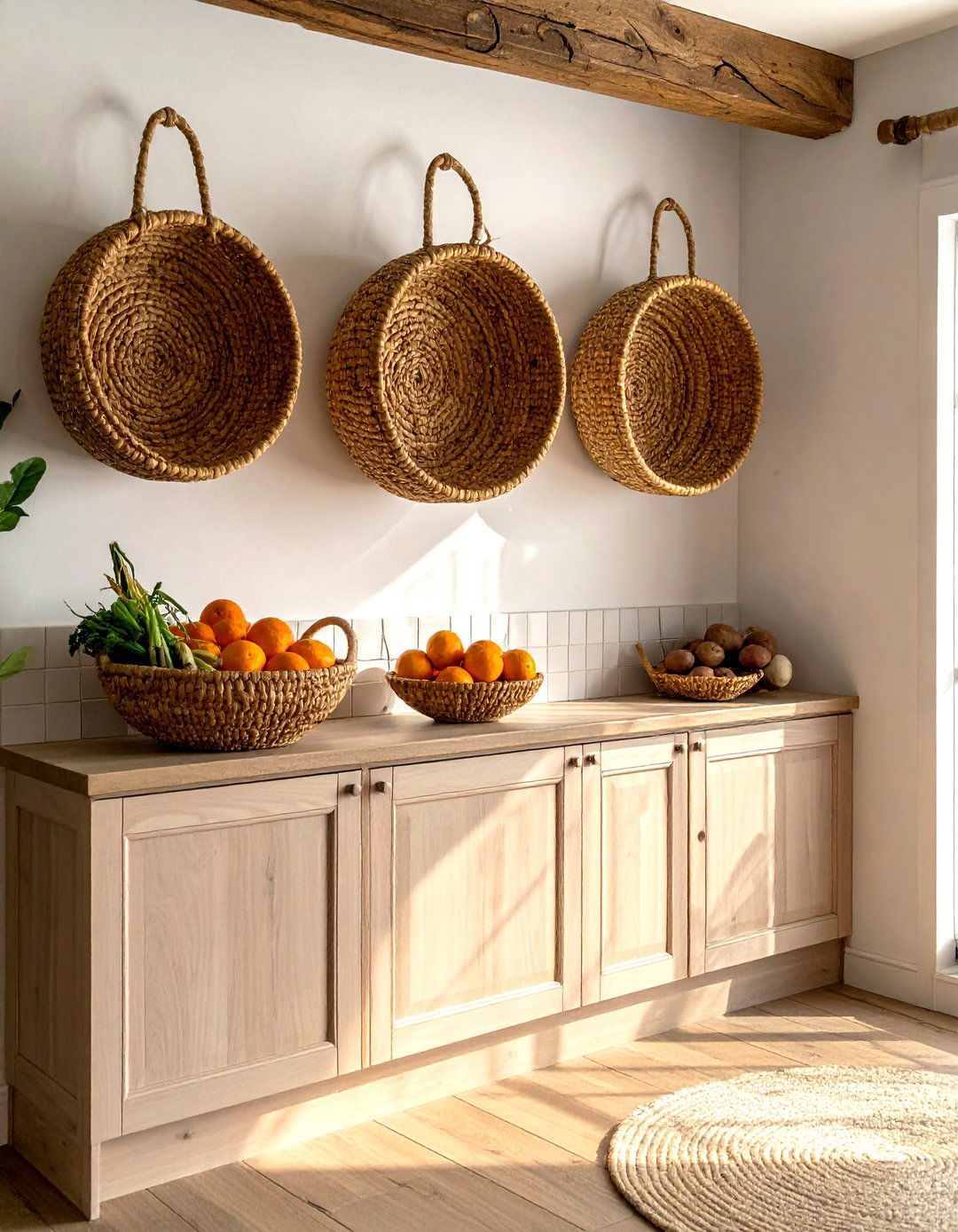 Woven Basket Wall - 30 small kitchen organization ideas