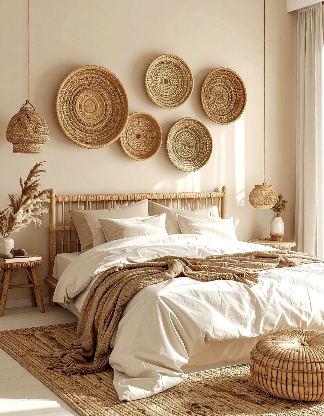 Woven Basket Wall - 30 bohemian beige bedroom ideas