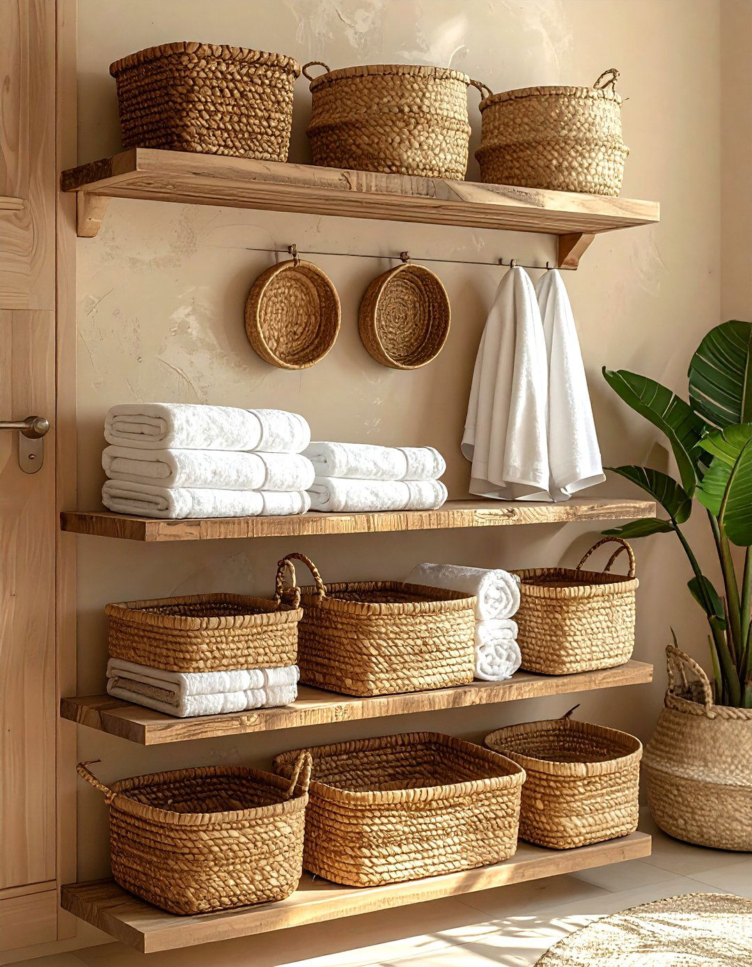 Woven Basket Wall - 30 bathroom shelving ideas