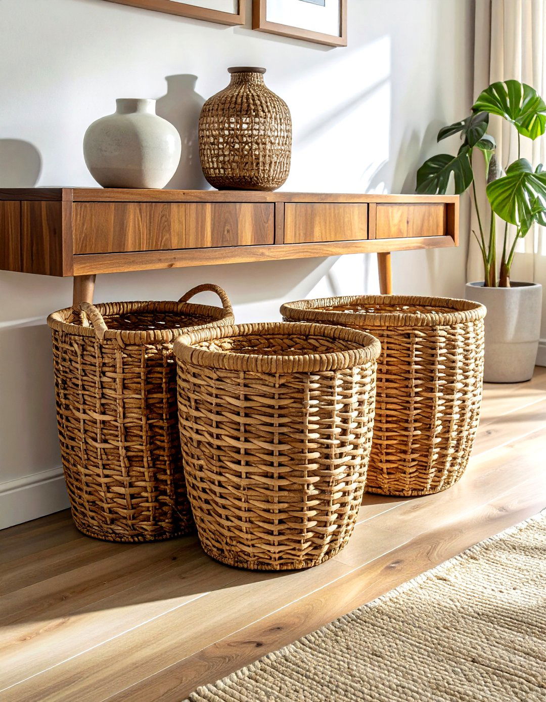 Woven Baskets Under Sideboard - 30 dining room organization hacks