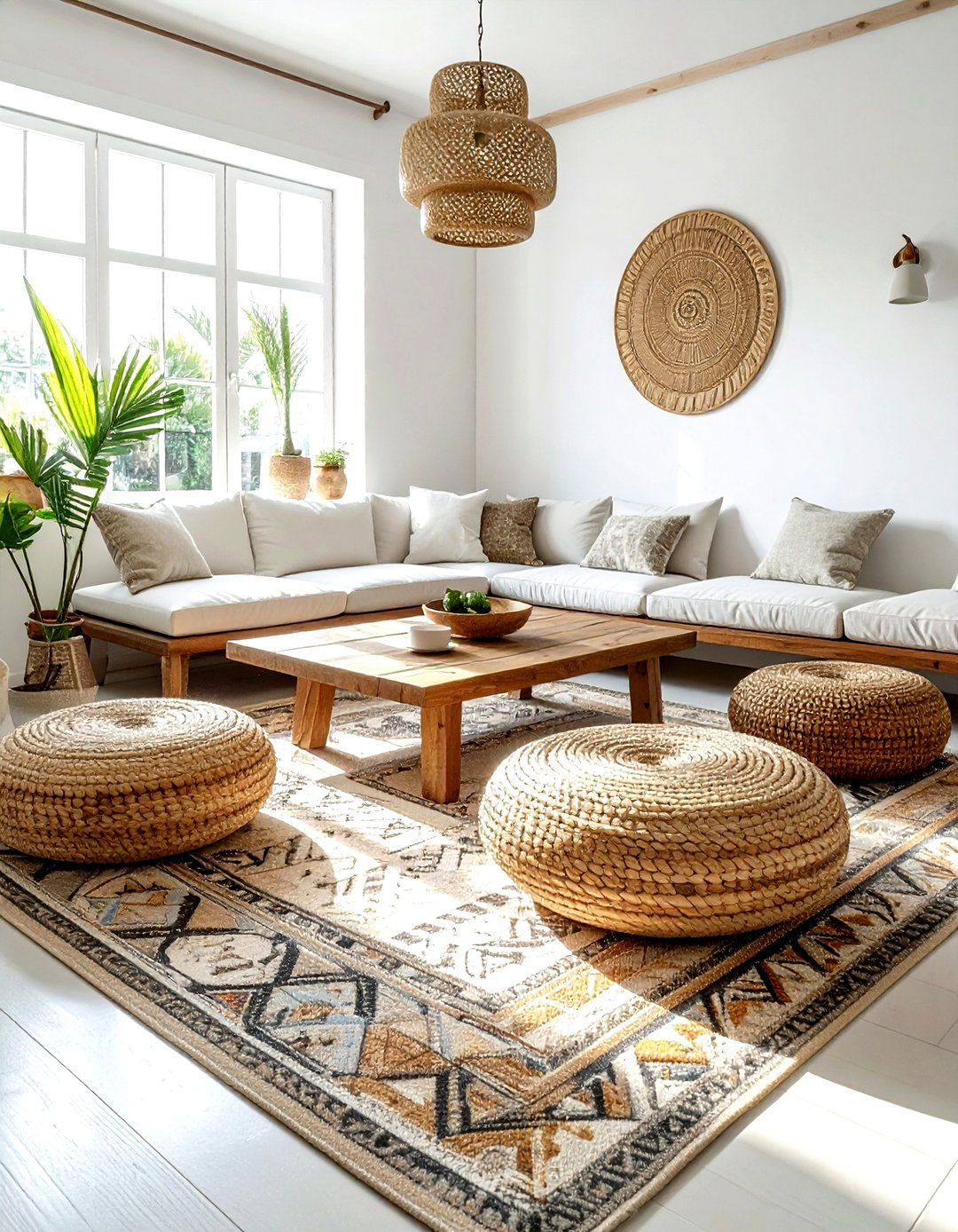 Woven Floor Pouf - 30 living room Bohemian furniture ideas