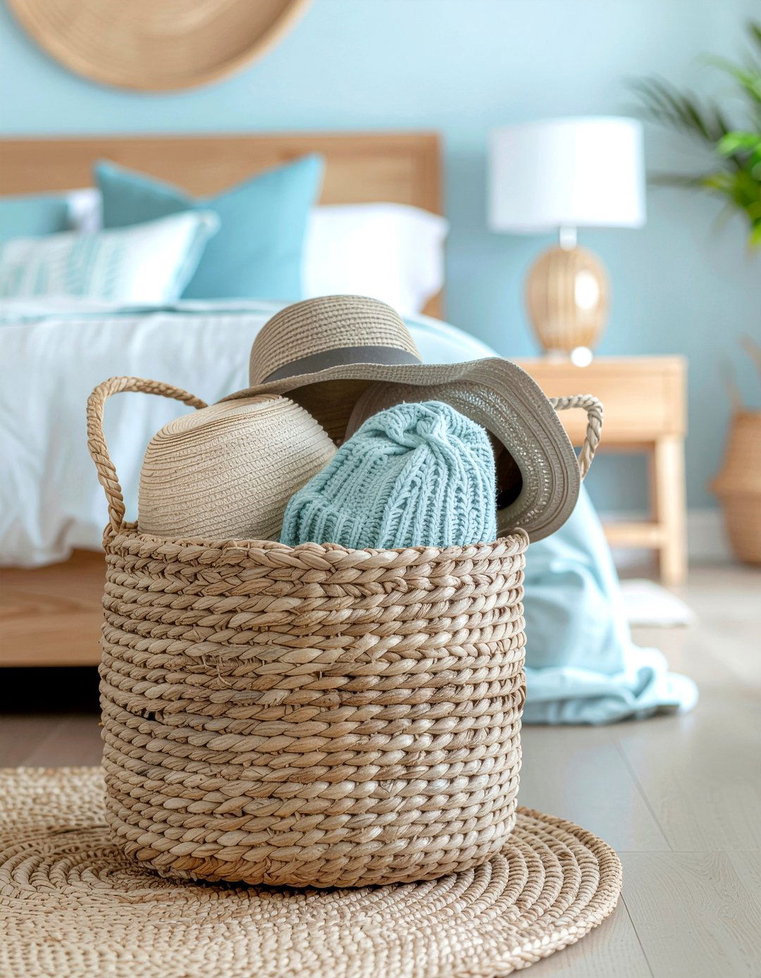 Woven Hat Basket - 30 bedroom hat storage ideas