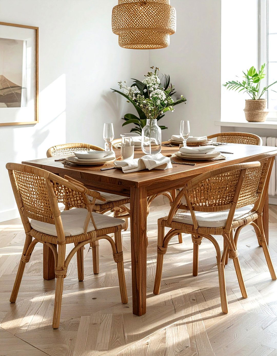 Woven Rattan Chair - 30 warm neutral dining room ideas
