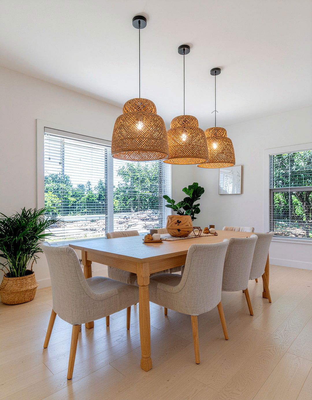 Woven Rattan Pendant Lights - 30 multiple pendant dining room ideas