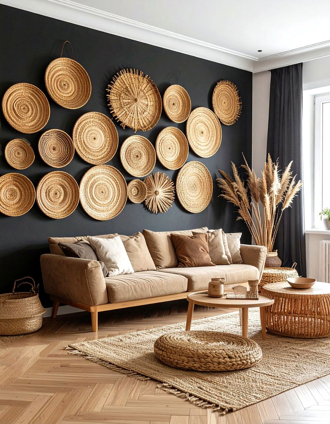 Woven Wall Baskets - 30 bohemian black living room ideas