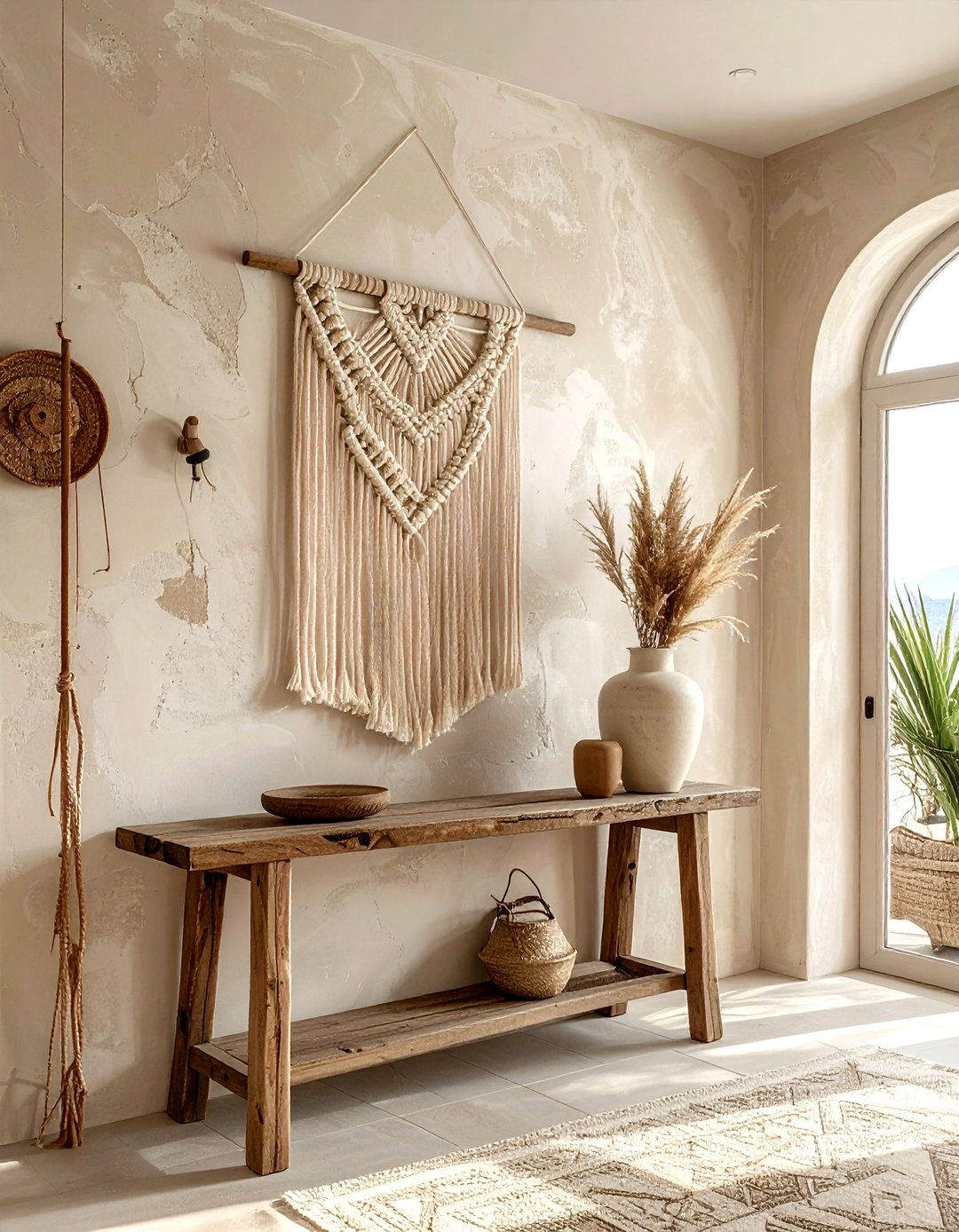 Woven Wall Hanging Over Plaster Wall - 30 mixed texture decor ideas