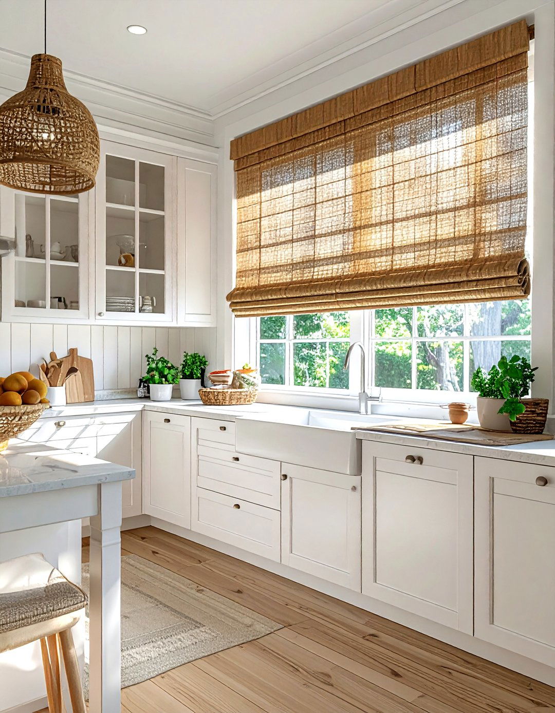 Woven Window Shades - 30 coastal cottage kitchen ideas