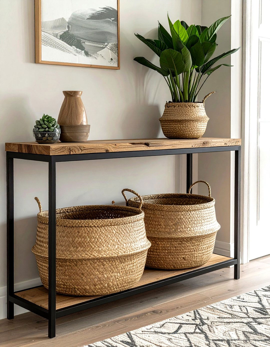 Woven basket console table storage - 30 console table decor ideas