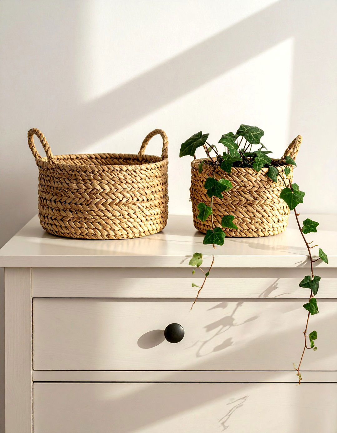 Woven basket dresser storage - 30 dresser vignette ideas