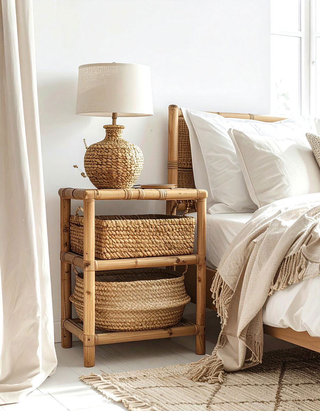 Woven basket for bedside - 30 nightstand styling ideas
