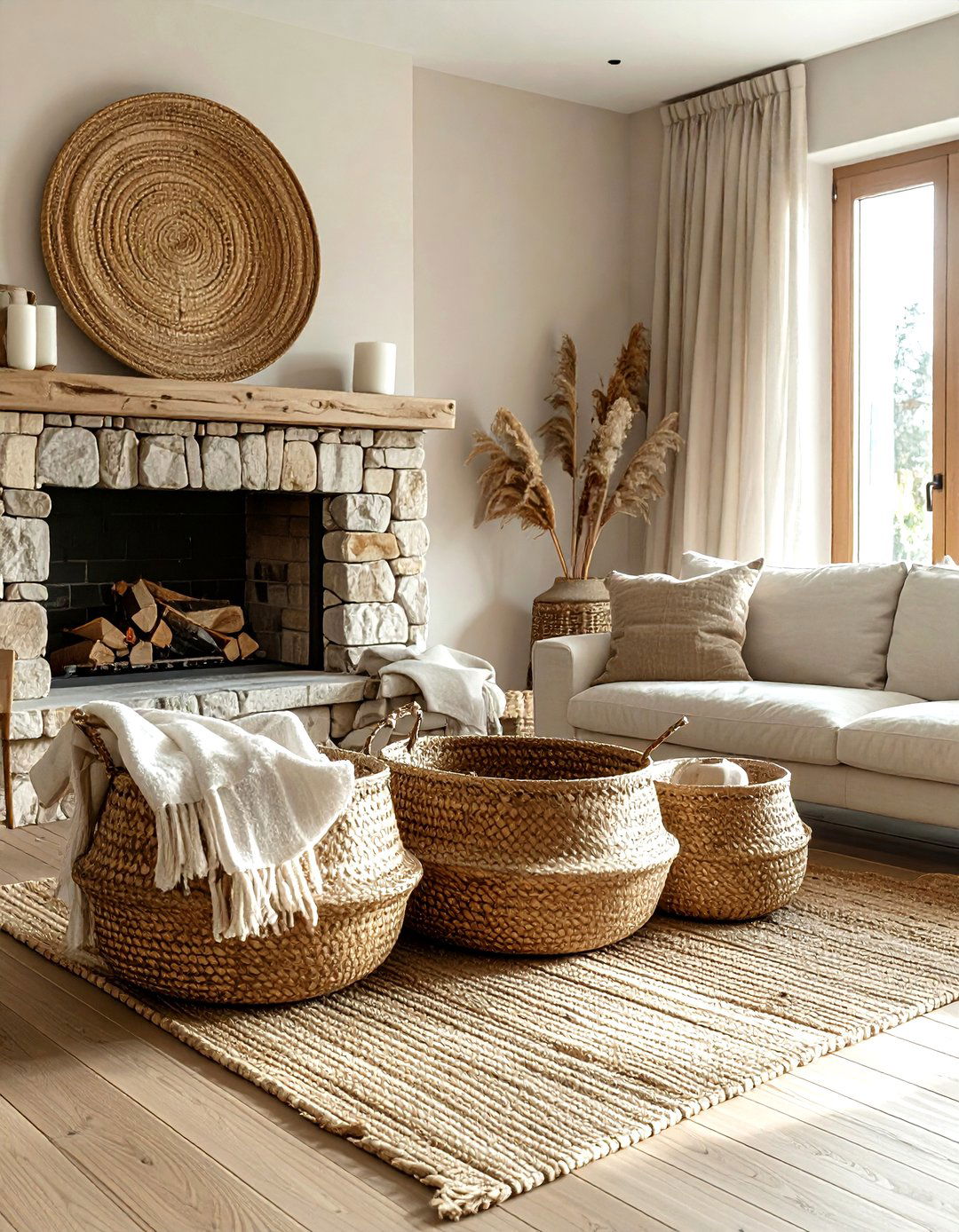 Woven basket living room - 30 living room texture layering ideas