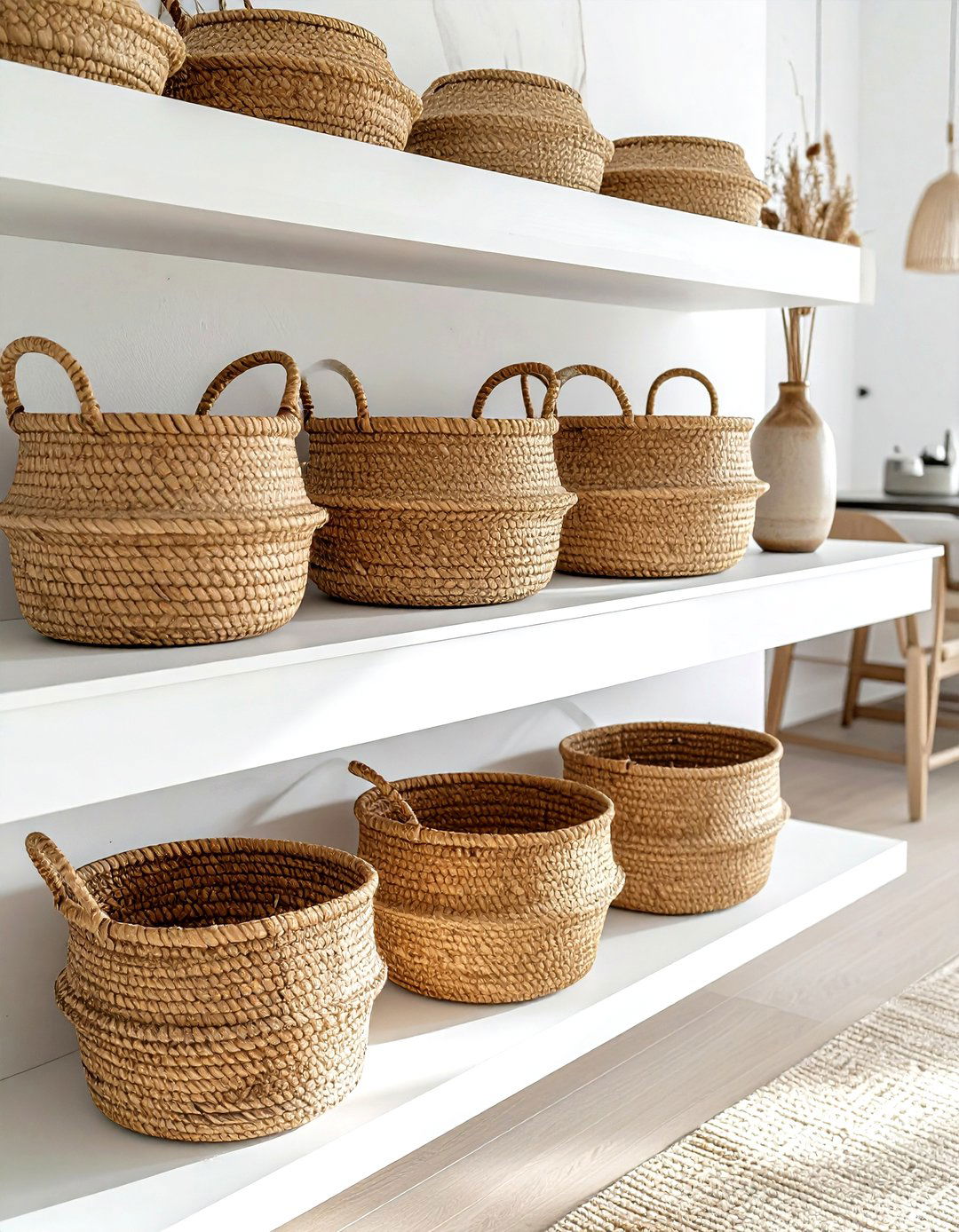 Woven basket shelf storage - 30 dining room overhead storage ideas