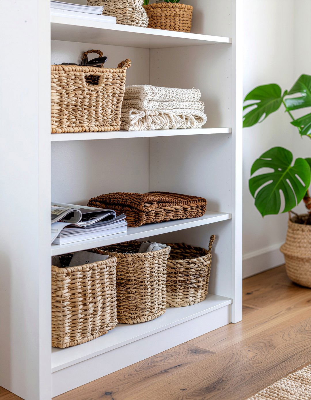 Woven basket storage - 30 living room bookshelf styling ideas