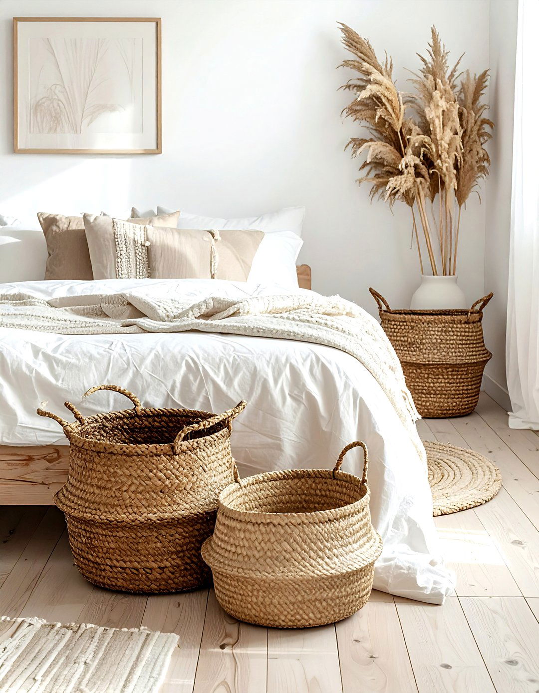 Woven basket storage - 30 bohemian cream bedroom ideas