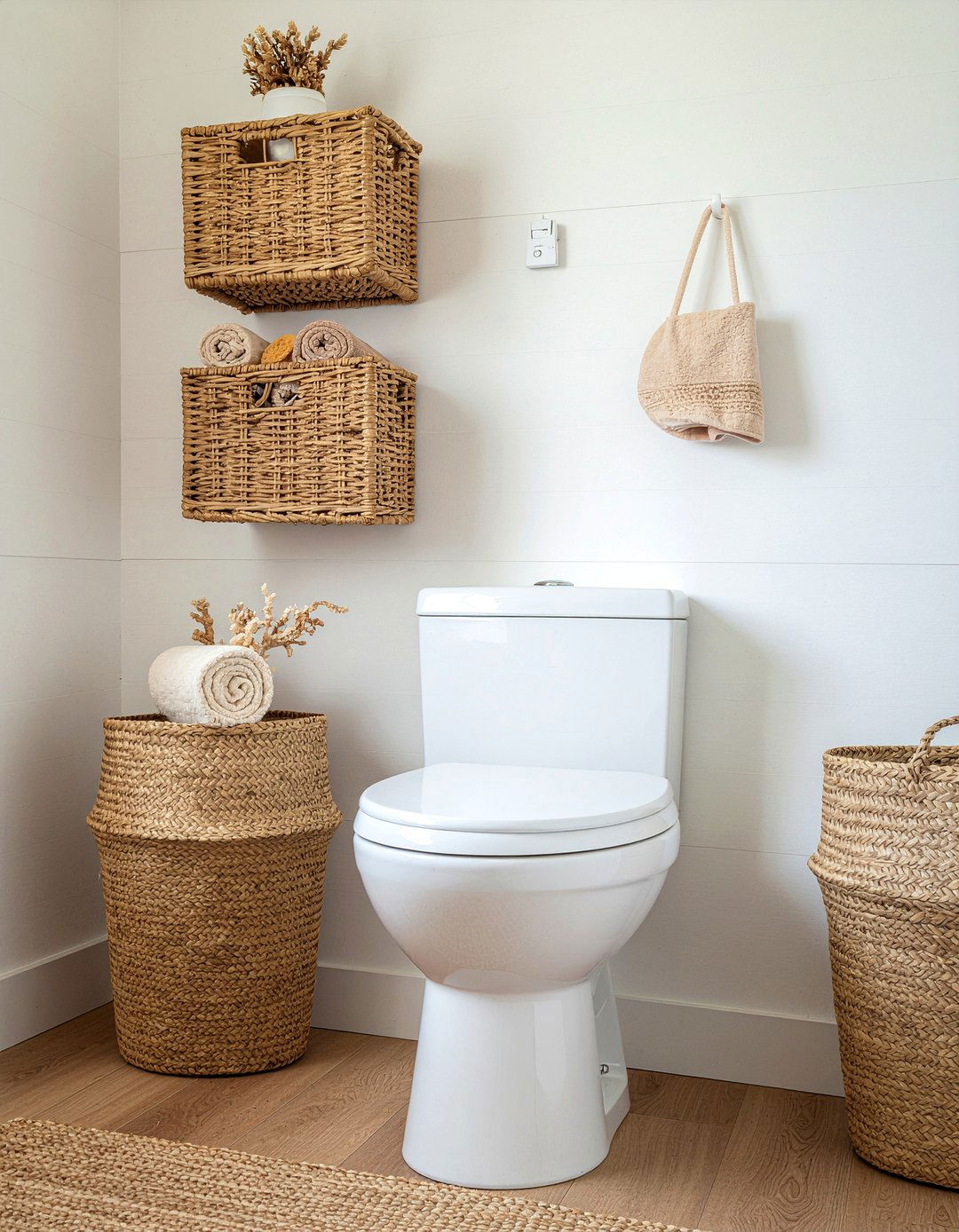 Woven basket storage - 30 over toilet storage ideas
